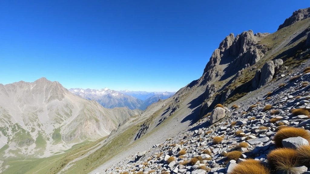 Alpine mountain landscape with steep rocky terrain and sparse vegetation at high elevation, snow patches visible on distant peaks, clear blue sky, photorealistic nature photography