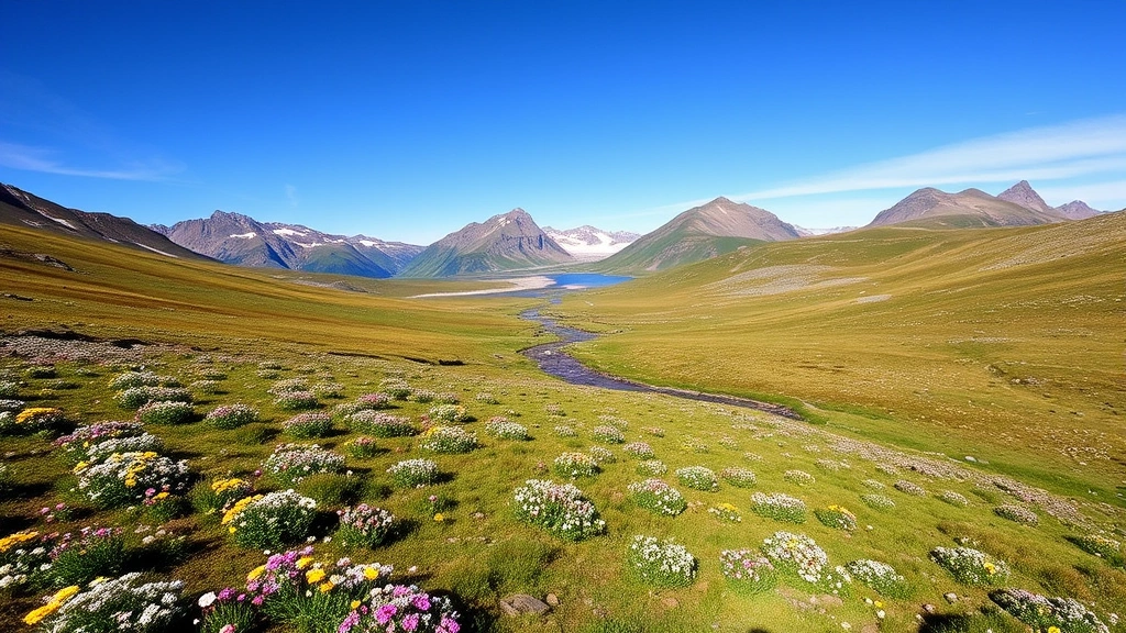 Expansive alpine meadow landscape with wildflowers, distant glacier-fed stream, mountain peaks under blue sky, showcasing ecosystem services and natural beauty