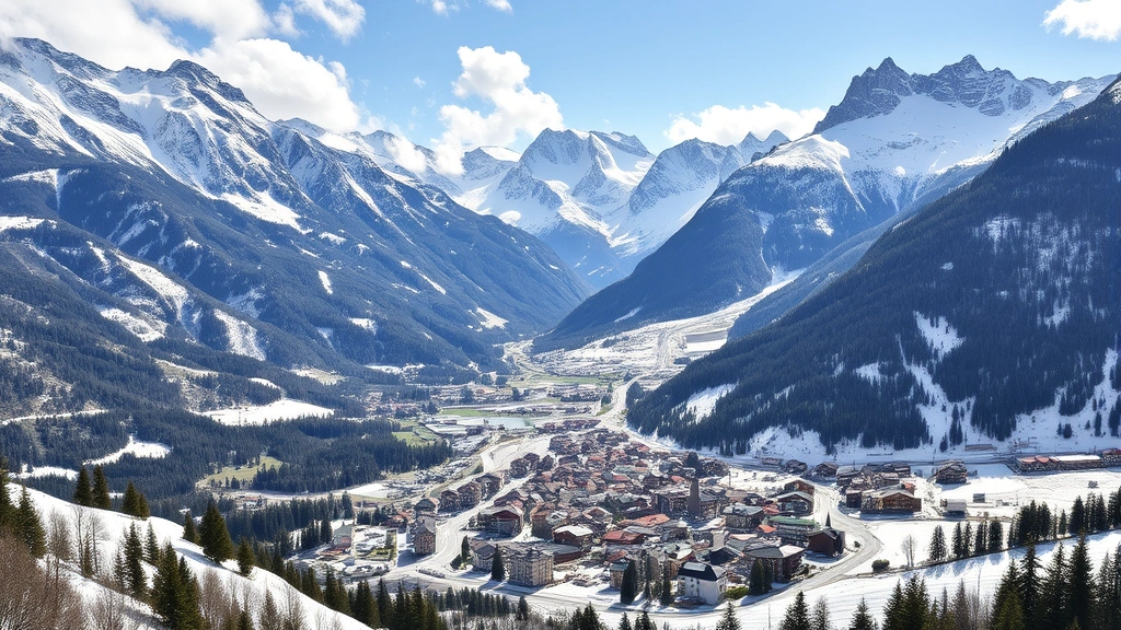 Alpine valley with traditional mountain village nestled among peaks, ski resort infrastructure visible, demonstrating human economic activity intersecting with natural mountain environment