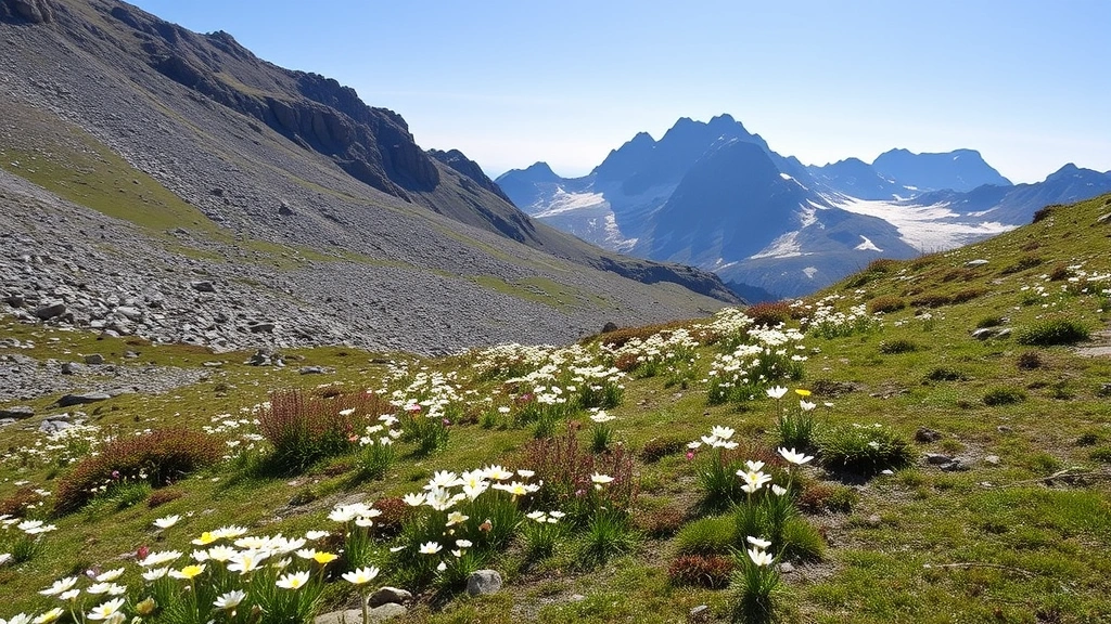 Alpine meadow ecosystem with low-growing flowering plants, rocky scree slope, mountain peaks in background, clear weather, photorealistic alpine habitat documentation