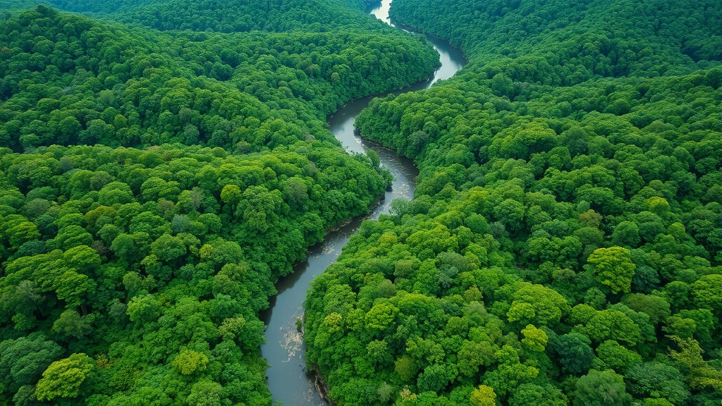 Aerial view of a lush green forest landscape with a winding river, showing intact natural ecosystem with diverse vegetation, photorealistic, no text or labels, emphasizing biodiversity and water resources