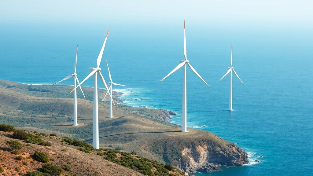 Modern renewable energy wind turbines in a coastal landscape with preserved natural vegetation, demonstrating integration of clean energy infrastructure with ecosystem preservation, photorealistic, no charts or text