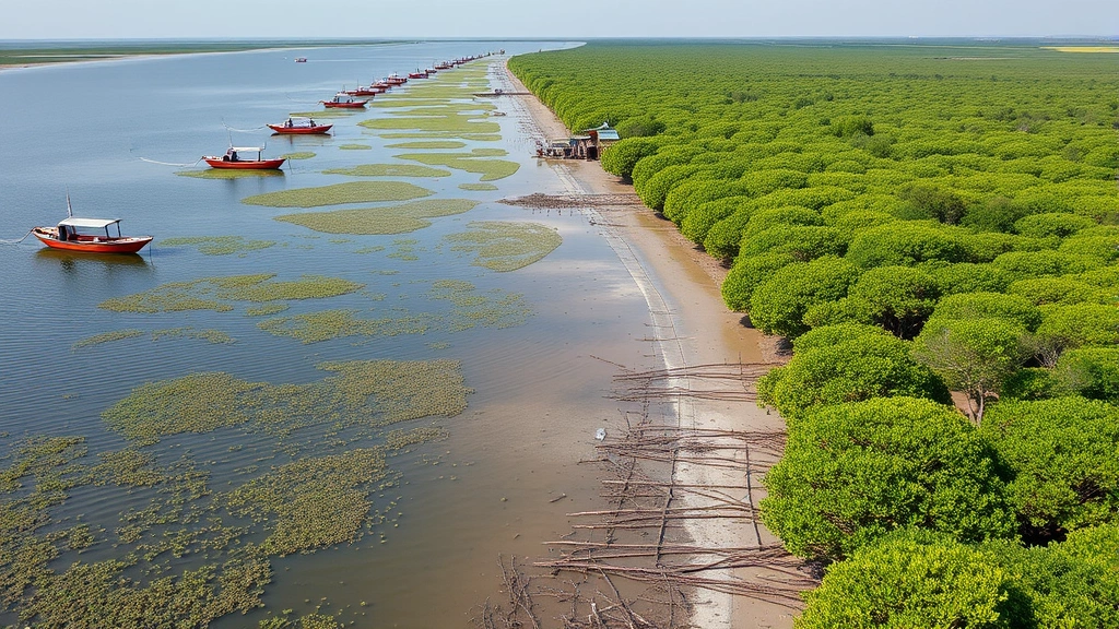 Restored mangrove forest along a coastline with local fishing boats and community activity, showing ecological regeneration supporting economic livelihoods, photorealistic, no signage or text visible