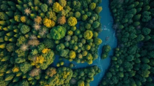 Aerial view of diverse forest canopy with winding river, showing healthy ecosystem abundance and natural capital value, photorealistic landscape photography