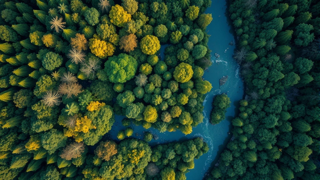 Aerial view of diverse forest canopy with winding river, showing healthy ecosystem abundance and natural capital value, photorealistic landscape photography