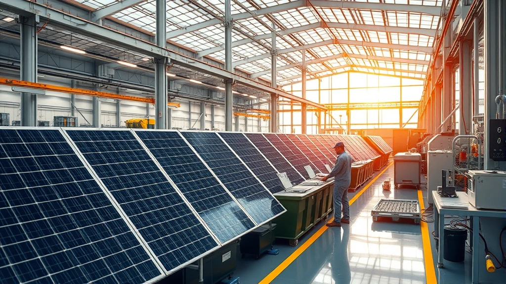 Modern sustainable manufacturing facility with renewable energy panels, water recycling systems, and workers assembling circular economy products, industrial sustainability