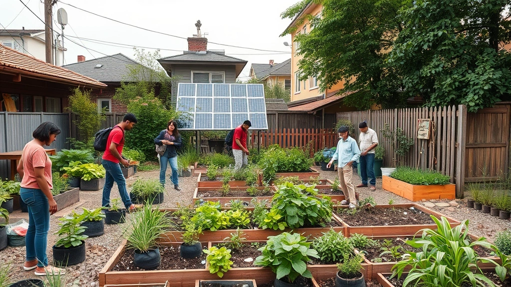 Community garden and local renewable energy installation in urban neighborhood with people working together, green infrastructure and social regeneration
