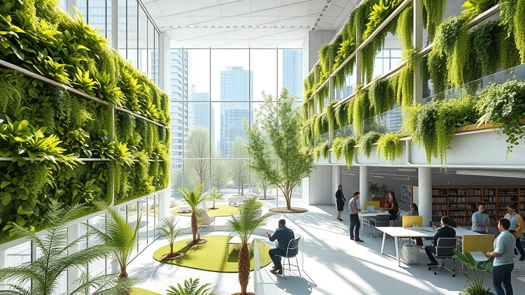 Modern sustainable office building with green walls, natural daylight flooding through large windows, employees collaborating in bright workspace overlooking urban park, contemporary architecture blending nature and functionality
