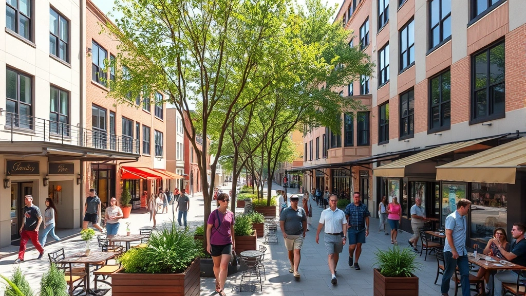 Vibrant mixed-use urban plaza with pedestrians walking, dining, shopping, lush landscaping, public seating areas, trees providing shade, people engaged in various activities, sunny day showing community vitality and economic activity