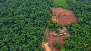 Aerial view of deforestation boundary showing pristine rainforest transitioning to cleared land with heavy machinery, demonstrating economic-driven habitat loss and ecosystem fragmentation