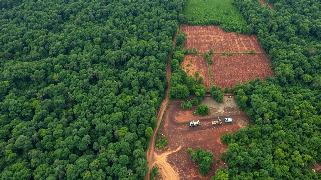 Aerial view of deforestation boundary showing pristine rainforest transitioning to cleared land with heavy machinery, demonstrating economic-driven habitat loss and ecosystem fragmentation