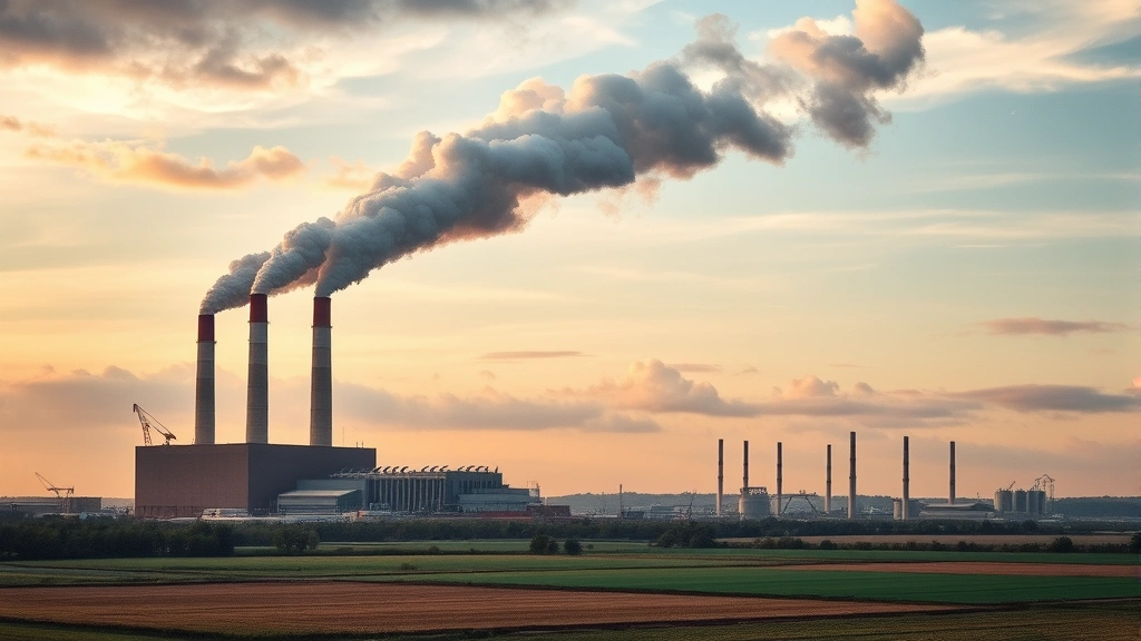 Industrial factory with multiple smokestacks releasing emissions into sky above agricultural landscape, illustrating sectoral environmental impacts and air pollution from manufacturing