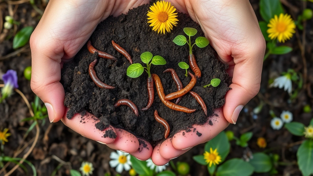 Hands holding rich dark soil with sprouting seedlings and earthworms visible, surrounded by diverse wildflowers and insects, representing regenerative agriculture and ecosystem restoration practices