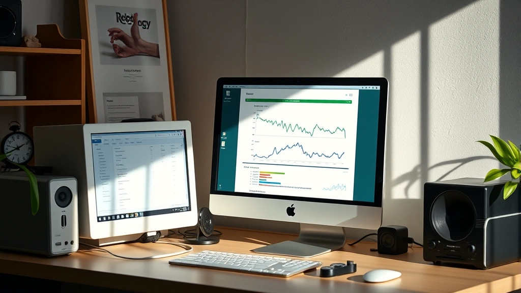 Minimalist computer workstation with vintage hardware running lightweight desktop environment, showing efficient resource usage on screen displays, natural office lighting, sustainable technology setup