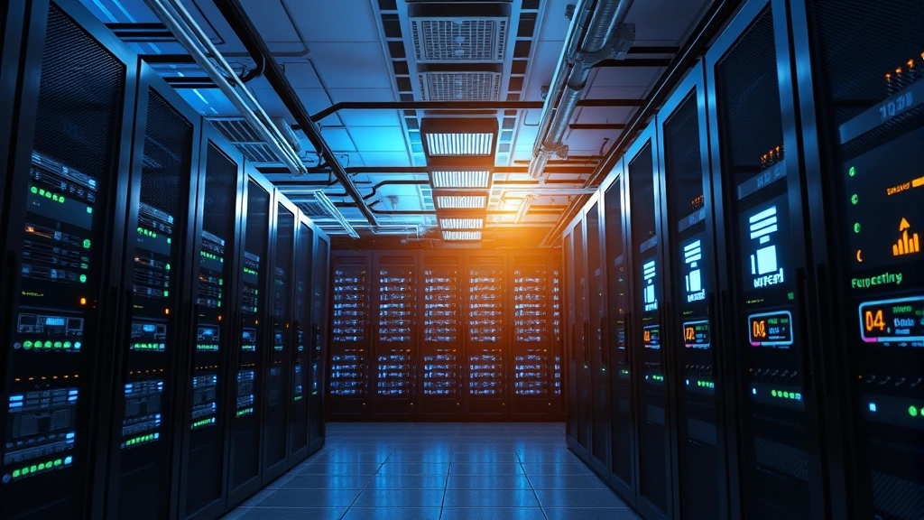 Data center server room with reduced energy consumption visualization, cool blue lighting, efficient cooling systems, modern sustainable infrastructure, servers with minimal power draw indicators