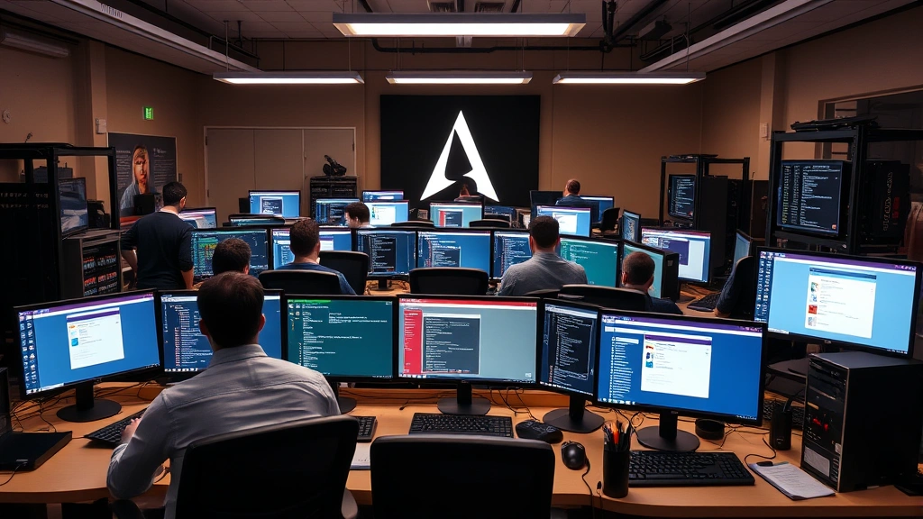 Diverse team of system administrators working on Arch Linux systems, collaborative technical environment, multiple monitors showing custom desktop configurations, inclusive workplace representing specialized tech expertise
