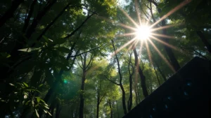 Sunlight filtering through dense forest canopy with computer server cooling fans visible, representing technology integration with natural systems, photorealistic