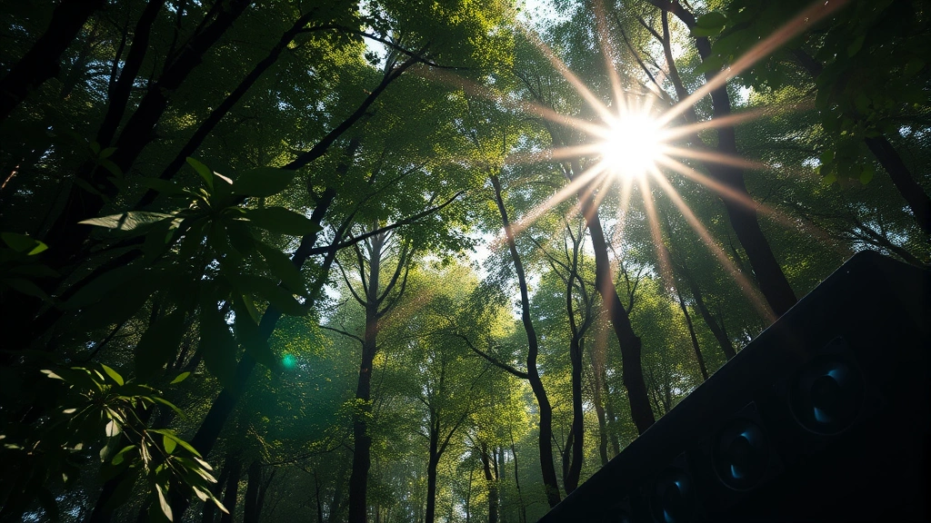 Sunlight filtering through dense forest canopy with computer server cooling fans visible, representing technology integration with natural systems, photorealistic