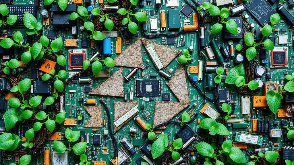 Recycled circuit boards and electronic components arranged in organized patterns with green plants growing around them, symbolizing circular economy and electronic waste reduction