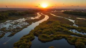 Aerial view of restored wetland ecosystem with water channels, native vegetation, and birds in flight during golden hour, showing landscape transformation