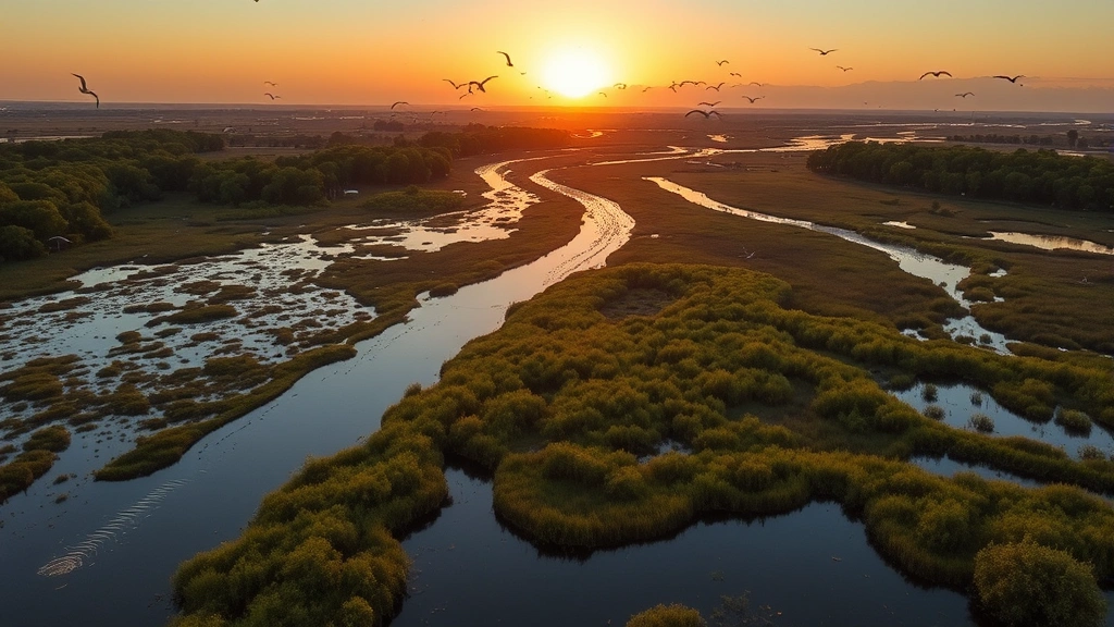 Aerial view of restored wetland ecosystem with water channels, native vegetation, and birds in flight during golden hour, showing landscape transformation