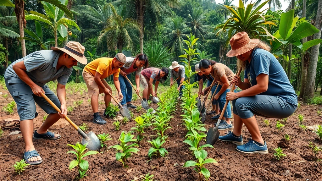 Community workers planting native trees in reforestation project with diverse team using hand tools, lush green saplings and tropical forest canopy background