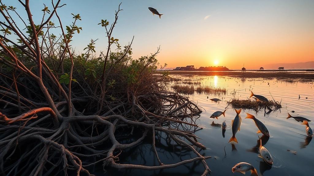 Mangrove forest at sunset with tangled root systems in water, fish jumping, and coastal village structures visible in distance showing ecosystem-livelihood integration