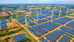 Aerial view of distributed renewable energy installations—wind turbines and solar panels across landscape with visible network nodes representing data processing points, photorealistic high resolution