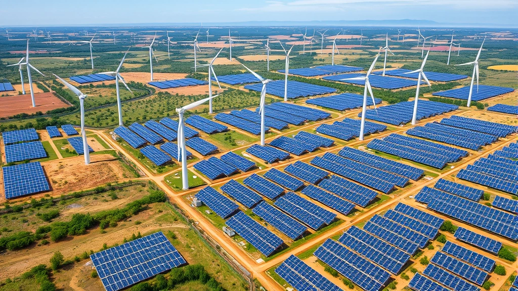 Aerial view of distributed renewable energy installations—wind turbines and solar panels across landscape with visible network nodes representing data processing points, photorealistic high resolution