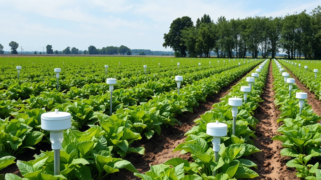 Smart agricultural field with distributed IoT sensors monitoring soil, crops, and weather conditions in real-time, lush green crops with visible sensor devices, natural daylight photography