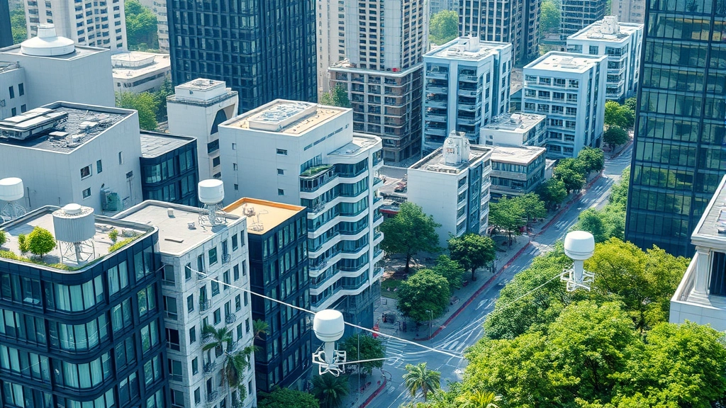 Urban smart city infrastructure showing distributed monitoring systems across buildings and infrastructure with visible network connectivity, modern city environment with trees and green spaces integrated