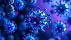 Microscopic view of viral particles adapting within a cellular environment, showing RNA replication and mutation processes in photorealistic detail with vibrant blues and purples, representing environmental responsiveness of pathogens