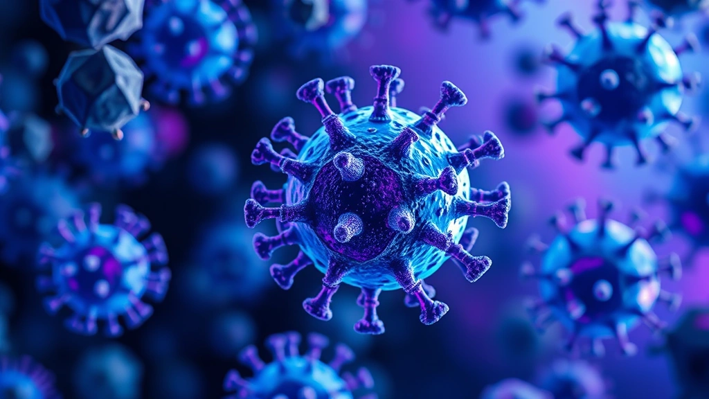 Microscopic view of viral particles adapting within a cellular environment, showing RNA replication and mutation processes in photorealistic detail with vibrant blues and purples, representing environmental responsiveness of pathogens