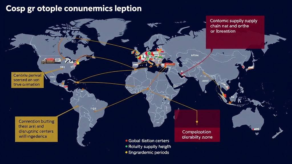 Global supply chain network visualization showing interconnected ports, factories, and distribution centers with highlighted disruption zones, emphasizing economic vulnerability points during pandemic periods