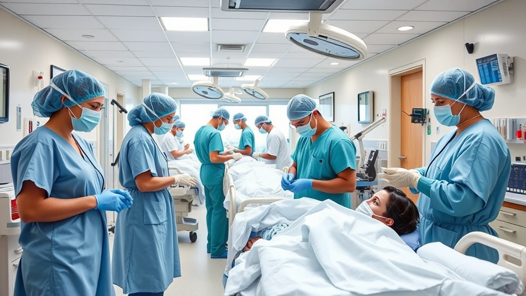 Healthcare workers in a modern hospital setting managing patient care during high-volume periods, showing the strain on healthcare systems and economic impacts of viral pandemic responses