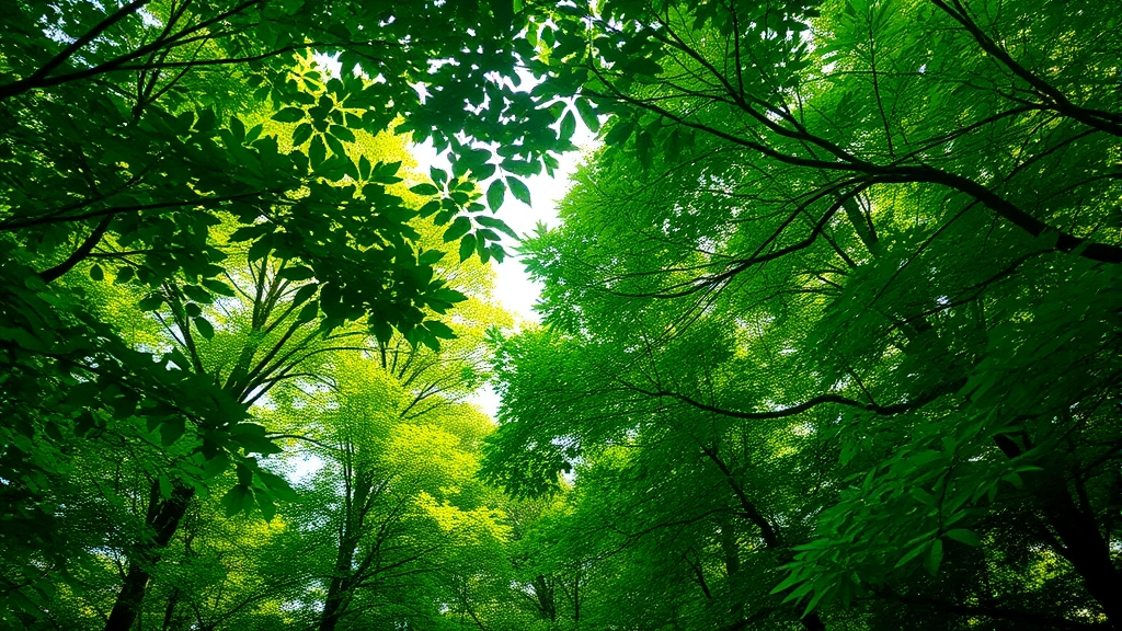 Lush green forest canopy with sunlight filtering through leaves, vibrant biodiversity, pristine natural ecosystem showing environmental richness and ecological health