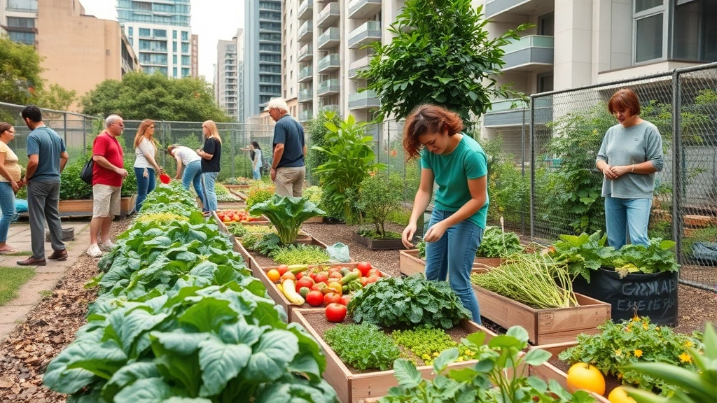 Urban garden with people harvesting vegetables, circular economy in action, green spaces in city, sustainable food systems and community environmental stewardship