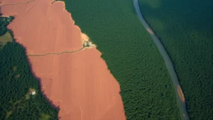 Aerial view of deforestation boundary showing cleared agricultural land adjacent to intact rainforest, demonstrating economic-driven habitat loss in tropical region with river system visible