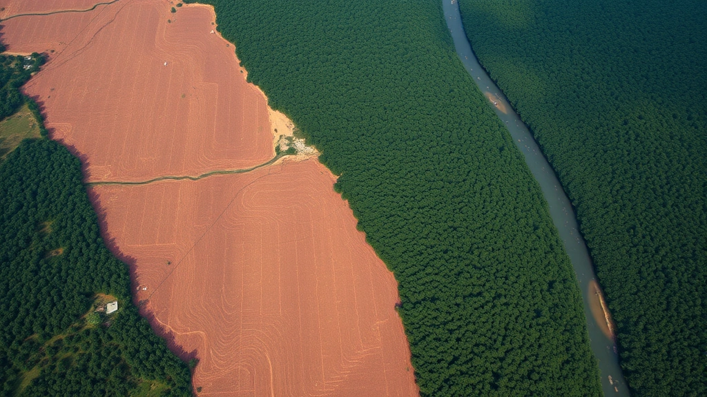 Aerial view of deforestation boundary showing cleared agricultural land adjacent to intact rainforest, demonstrating economic-driven habitat loss in tropical region with river system visible