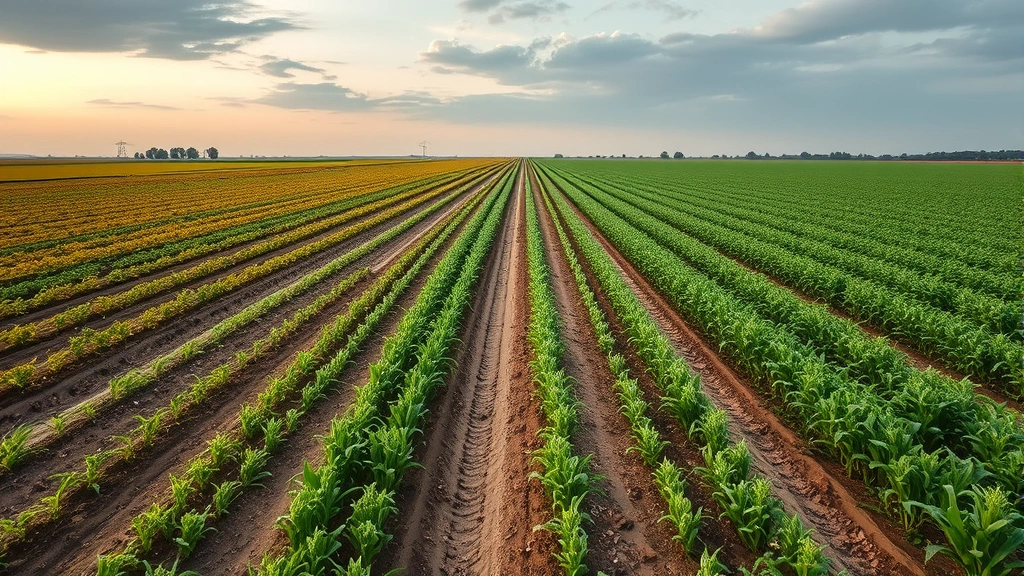 Industrial farm landscape with monoculture crops stretching to horizon, showing soil degradation, pollinator absence, and contrast between ecological simplicity and natural biodiversity