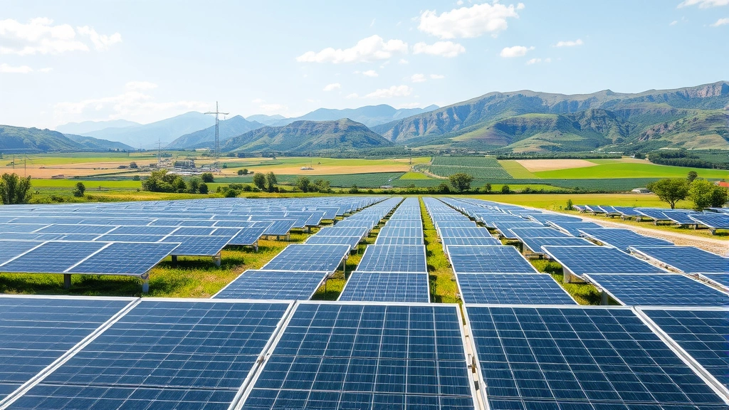 Photorealistic image of solar panel array in rural landscape with mountains in background, showing renewable energy infrastructure funded by green bonds, natural lighting, no text