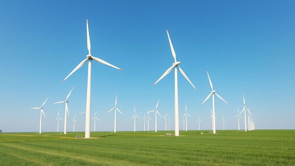 Photorealistic image of modern wind turbines in open field with clear sky, representing clean energy projects financed through green bond capital mobilization, no charts or text