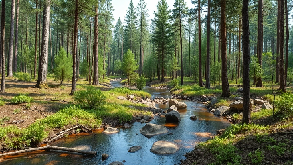 Photorealistic image of forest restoration area with newly planted trees and natural water features, showing ecosystem recovery funded by environmental finance mechanisms, no text overlays