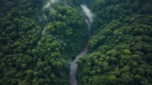 Aerial view of lush tropical rainforest canopy with river winding through dense green vegetation, morning mist rising from forest floor, photorealistic natural landscape, no text or labels