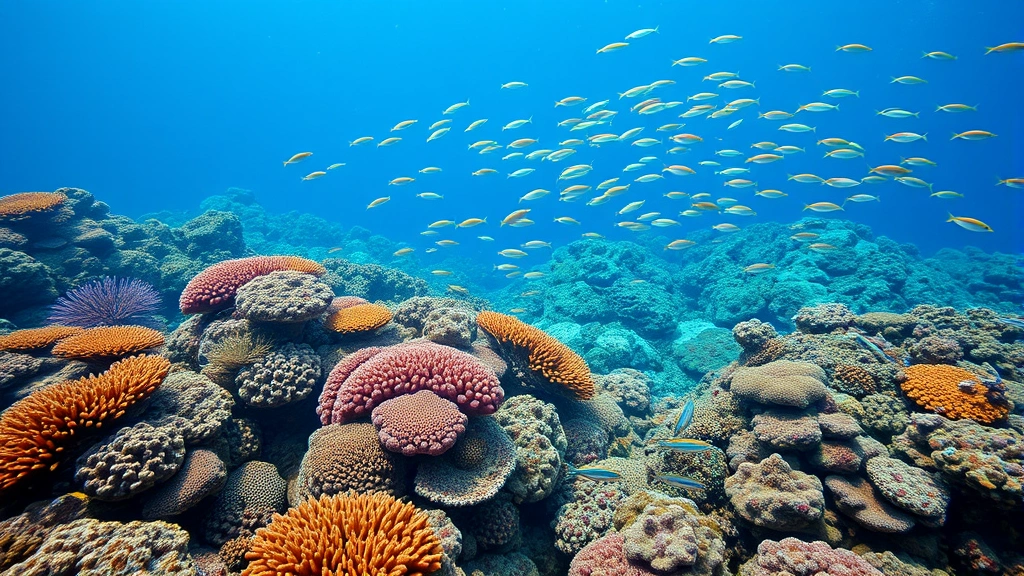 Underwater coral reef ecosystem with vibrant coral formations and schools of colorful fish swimming, clear blue water, diverse marine life, photorealistic ocean scene, no text or labels