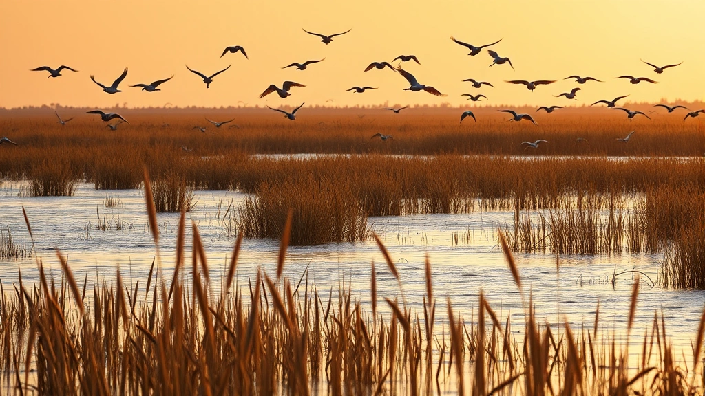 Wetland landscape with water, reeds, migrating birds in flight, golden sunset light, natural habitat ecosystem, photorealistic wetland environment, no text or labels