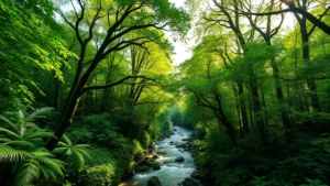 Lush forest canopy with river flowing through ecosystem, sunlight filtering through dense green leaves, showing vibrant biodiversity with multiple tree species and understory vegetation
