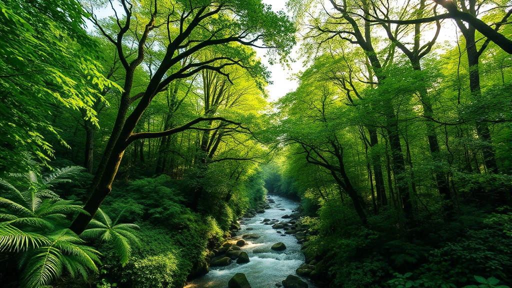 Lush forest canopy with river flowing through ecosystem, sunlight filtering through dense green leaves, showing vibrant biodiversity with multiple tree species and understory vegetation