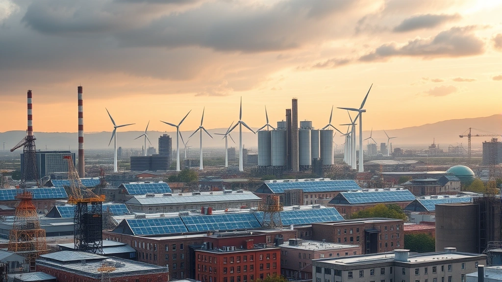 Industrial cityscape transitioning to renewable energy infrastructure with wind turbines and solar panels visible among buildings, representing economic transition toward sustainability