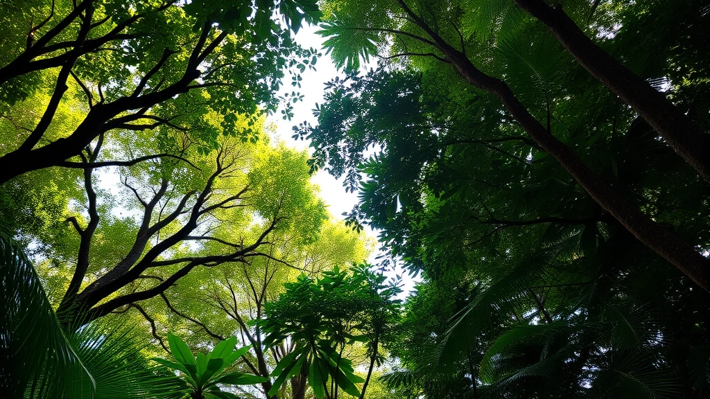 Lush tropical forest canopy with diverse tree species, sunlight filtering through leaves, showing ecological richness and natural capital value without any text or labels
